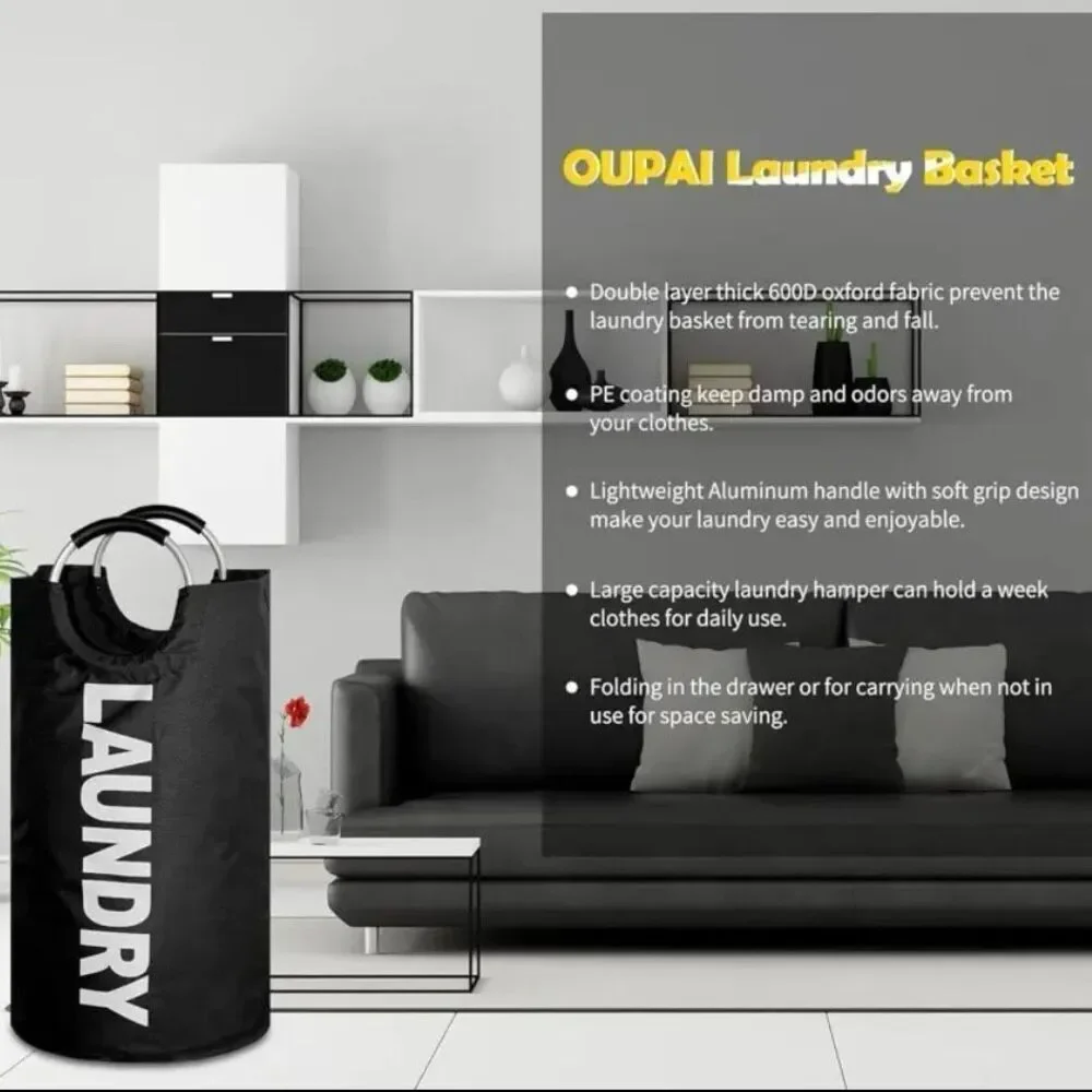 NWT Gorgeous Black 25.1ga Large Collapsible Fabric Laundry Hamper Padded Handles